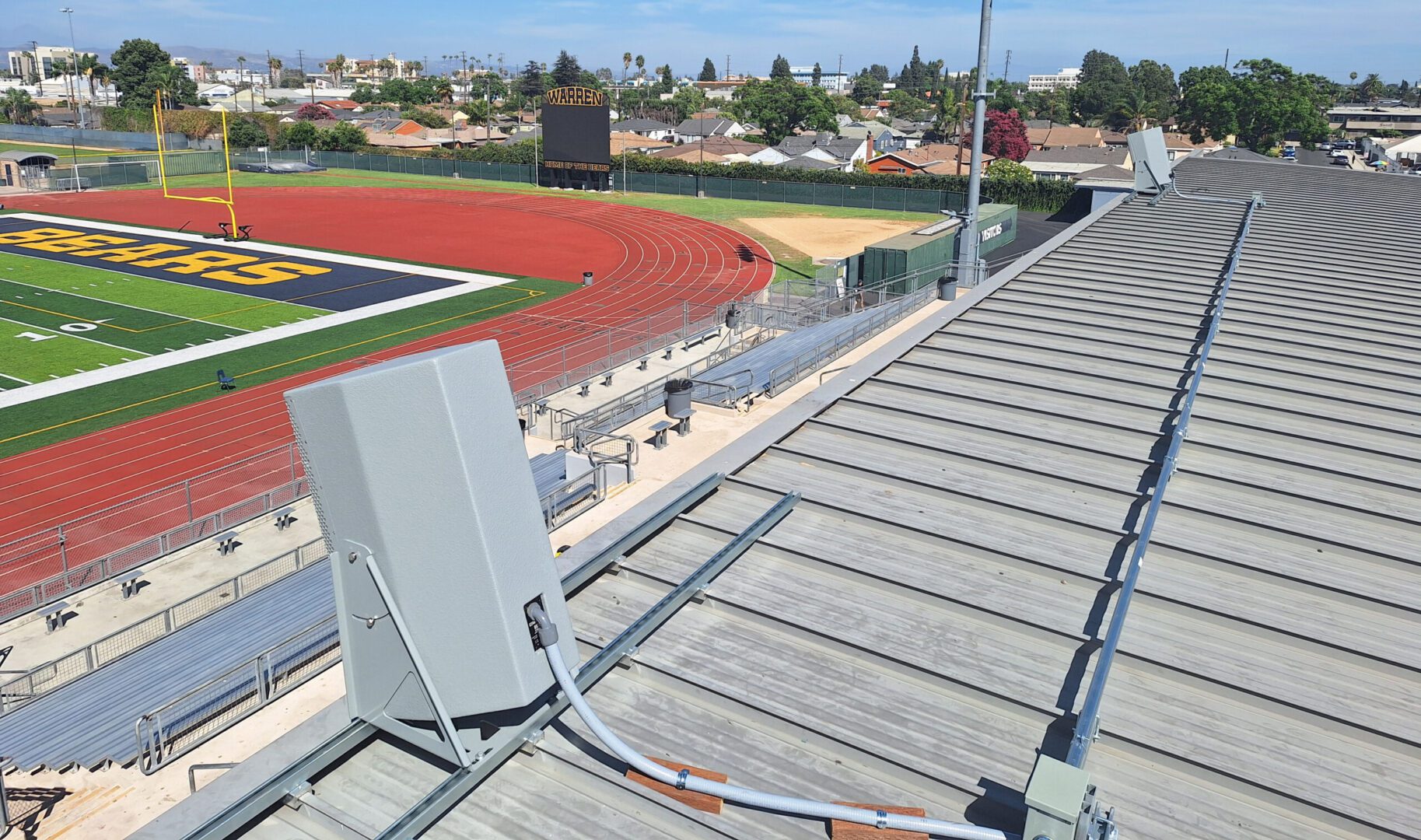 A view of an empty stadium from the bleachers.